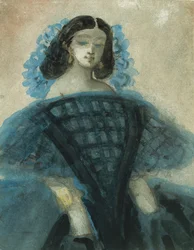 青と黒のドレスを着た若い女性、1863年頃。