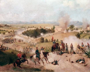 American-Mexican War: view of the battle of Molino del Rey on 08/09/1847 - (米墨戦争、モリノ・デル・レイの戦いの眺め) Detail Painting by Constantino Escalante (1836-1868)