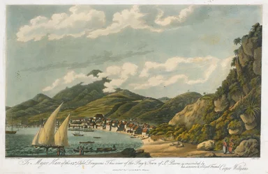 サン・ピエール（マルティニーク）の湾と街の眺め。リトグラフ（42.3x56cm）クーパー・ウィリアムズ（1762-1816）作