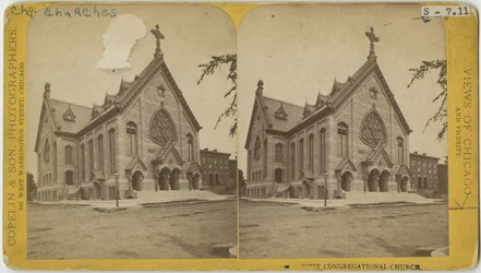 シカゴの最初の会衆派教会の立体写真、1870年頃（カードマウントのbw写真）
