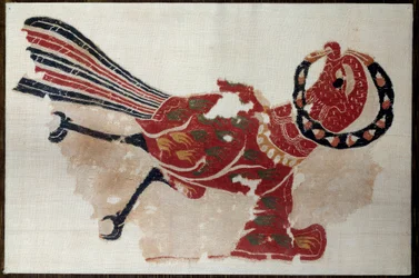コプト美術：ウールとリネンの掛け物の断片：鳥（鷲？ は、JC後5世紀。エジプト産。パリ、ルーブル美術館