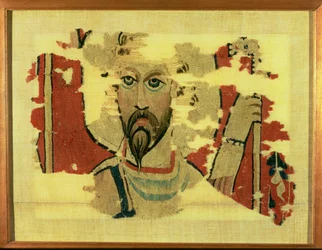 エジプトのアクミム出身の聖テオドール首を描いた吊り下げ作品、500〜600年頃（羊毛のタペストリー）