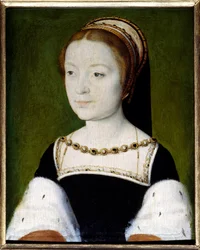 フランスのマドレーヌ（1443-1495年）の肖像。フランソワ1世の長女、スコットランド王妃、ジェームズ5世の最初の妻。コルネイユ・ド・リヨン（コルネイユ・ド・ラ・エーグ）（1500/1510-1574年）による絵画。寸法：0.22 x 0.31。ヴェルサイユ、シャトー美術館
