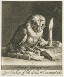 メガネと本のフクロウ。 1625年頃