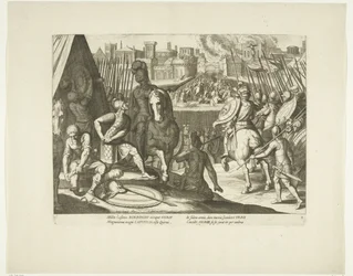 Verovering of Rome、1527年、nr. 2 シーン uit het leven van Karel V (シリーズ タイトル) 非常に美しいインタリオで皇帝カール 5 世の生涯を描いた、有名な A. テンペストのデザインに、最も熟練した 2 人の巨匠 J. デ ゲインと C. ボエルによって彫刻されました。 で