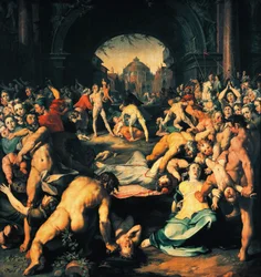 コルネリス・コルネリスゾーン・ファン・ハールレム（1562-1638）による「幼児虐殺」、三連祭壇画中央パネル