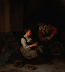 紡ぎ車の前の騎手と女性 1662年