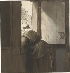 一番下のドアに寄りかかる女性