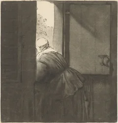 一番下のドアに寄りかかる女性