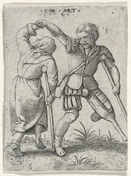 ライムの女性を腕の下に向ける木製の脚を持つ男、1572年（敷き紙に彫刻）