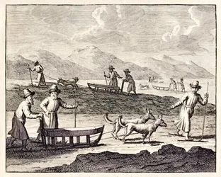 シベリアを犬ぞりで旅するロシア人。 コルネイユ・ル・ブランの航海記より。1718