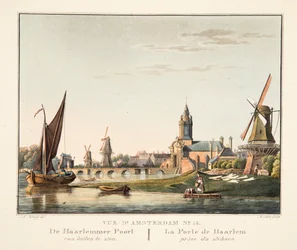 Vue d&39;Amsterdam No.14。ハールレマーポールトは外から見ることができます。ラポルトドゥハールレム賞、1825年（手描きの彫刻）