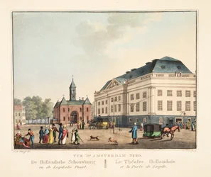 アムステルダムNo. 20の眺め。 De Hollandsche Schouwburg en de Leydsche Poort。ダッチシアターとライデン港、1825年（手描きの彫刻）