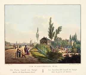 Vue d&39;Amsterdam No. 39。ガーデンランドとハージマーポールトの外のイツィクト。 Le Jardin dit Land en Yzigt hors la porte de Harlem、1825（hand-colored engraving）