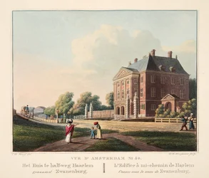アムステルダムNo.40の眺め。 Het Huis te half-weg Haarlem genaamd Zwanenburg。ハーレムの途中にあるエディフィシア、ズワネンブルグとして知られている、1825年（手描きの彫刻）