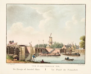 Vue d&39;Amsterdam No.8。 HoogeまたはAmstel Sluis。ルポンドゥラムステル、1825年（手描きの彫刻）