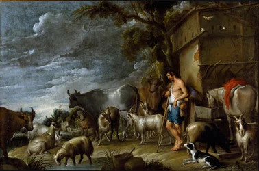 コルネリス・デ・ワエル（1592-1667）の絵画、1630-1639年頃の作品。フランドル美術。放蕩息子の物語：豚の番人。豚、ベリエ、ヤギ、牛、ヤギ、馬、犬、羊を連れた群れの番人。キャンバスに油彩。寸法：57x86cm。個人コレクション、Genes