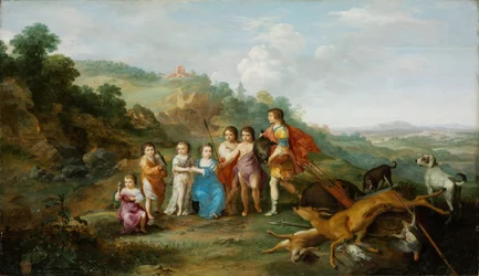 ウィンターキングの 7 人の子供 - Cornelis van Poelenburgh 作 (1594 または 1595-1667)、木に油彩 (37.9x65.3 cm)