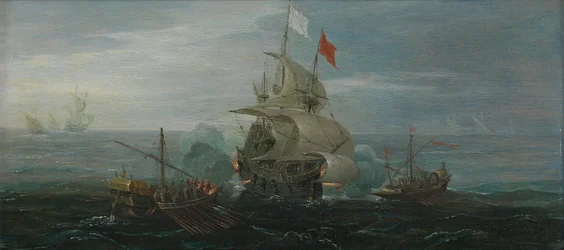 フランス船とバーバリ海賊 1615年頃 オークパネルに油彩