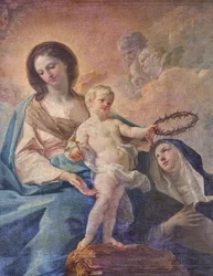 SSサルヴァトーレ教会、内部、ロザリオの祭壇、ロザリオの聖母、コッラード・ジアキント（1703-1766）のカンヴァス、詳細、プーリア州レッチェ、ポッジャルド（写真）