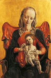 コスメ・トゥラ（1430-1495年頃）作「聖母子像」、木にテンペラと金、46,4 x31, 7 cm、1465年頃