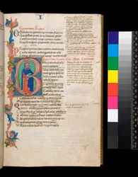 325号室ルーカン『Bellum Civile』その他の作品、f.10r.イリュミネーションされたイニシャル[B]、長身の作者の肖像が描かれ、部分的に葉っぱの縁取りがある、1400-10年頃（羊皮紙