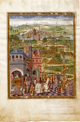 中世都市における拷問と判決の場面。土星の影響（細密画、1470年頃）