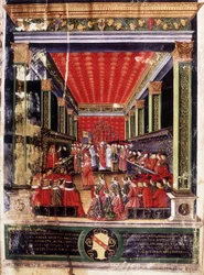 イル・モーロと呼ばれたルドヴィーコ・マリア・スフォルツァ（1452-1508）の就任 - 著名な細密画家クリストフォロ・デ・プレディスが制作した、アルチンボルディ枢機卿のミサ典書の彩飾画。ミラノ、カピトラーレ図書館。