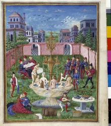 水星の影響：愛の園と青春の泉。クリストフォロ・デ・プレディス（v.1440-v.1486）が制作したミニチュア-デステの「デ・スパエラ」に収録。1470年頃。エステのビブリオテカ、モデネ。