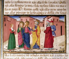 姦淫の罪を犯した女に語りかけるイエス Cristoforo De Predis（1440-1486）による『新約聖書の歴史』（fol.61）の後のミニチュア。