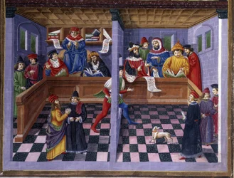 3月の影響』の法廷（Il Tribunale）：狩猟と法廷。Cristoforo de Predis (c. 1440-v. 1486)が制作した細密画で、「De Sphaera」デステに収録されています。 1470年頃。モデナのBiblioteca Estense。