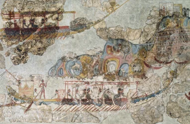 船の群れ」ギリシャ・キクラデス諸島南部テラのフレスコ画 キクラデス文明、紀元前3～2千年頃