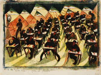 試験室、c。 1934年（薄い日本にカラーで印刷されたリノカット）