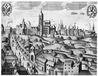 皇居と神学大学を示すプラハの眺め、1618年頃