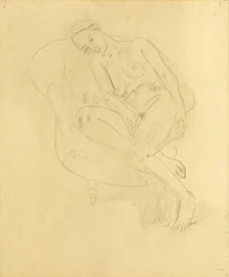 肘掛け椅子に座る女性ヌード（鉛筆画）