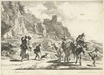 ロバに乗った女性、牛を連れた男性、山の風景の中の他の旅行者 南方の風景（連載タイトル）