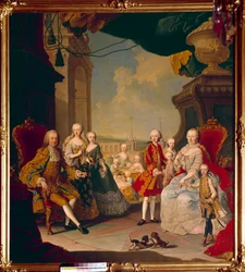 神聖帝国のフランソワ1世（1708-1765）とその妻マリー・テレーズ・アイレ（1717-1780）、そして11人の子供たちがションブルン（またはシェーンブルン）城のテラスにいる。ペイント