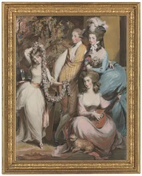 3人の長男、ダイアナ、メアリー、ハンフリーと立つクリシェルのメアリー・スターツ（1740-1807）の全身肖像画（鉛筆、パステル、ボディーカラー）