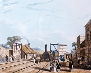 リバプールとマンチェスター鉄道：1831年にパークサイドで水を飲む（アクアチント）