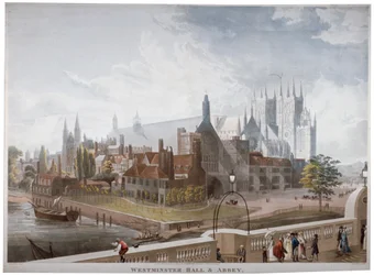 ウェストミンスター ホールと修道院の眺め、ウェストミンスター ブリッジ、ロンドン、1819 年。