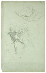 ジブラルタル包囲戦の研究（ロングボートの大砲のフィギュアの研究）、1785-1786（灰青色の紙に白黒チョーク）