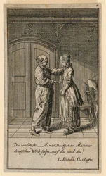 女の子と話している父または保護者、「Königl: Grosbrit [anian] 系図カレンダー for the 1782 年 Lauenberg by J.G. Berenberg」の Fredrich Wilhelm Grossman による劇「Not more than sachs Schuesseln」のイラスト