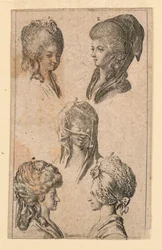 ベルリンの女性が着用する 5 つのヘッドギア、「Königl: Grosbrit [anian] 1782 年 Lauenberg の系図カレンダー by J.G. Berenberg」のイラスト