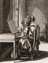 音楽、スピネットを演奏する女性、Daniel Nikolaus Chodowiecki (1726-1801) 作、Occupations des dames、ドイツ、ポーランド