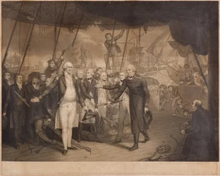 1797年10月、尊者に乗ったダンカン卿の勝利とデ・ウィンター提督の辞任（点刻彫刻）