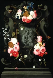 聖家族と花輪、1625-27（銅に油彩）