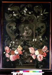 マドンナと子供、聖エリザベートと洗礼者ヨハネが花輪をつけた子供の頃。 Daniel Seghers (1590-1661) の絵画。 銅に油彩、84 x 61 cm