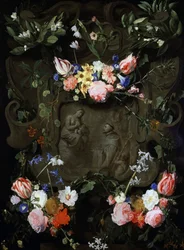 花で飾られた大理石のニッチ、処女礼拝の表現がある。ダニエル・セゲルス（1590-1661）による絵画 個人蔵。