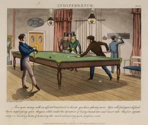 トーマス・マクレーンが1823年に出版した「The Necessary Qualifications of a Man of Fashion」のプレート6「Indifference」（カラー・アクアチント）。