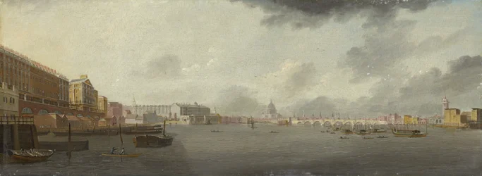 1806年頃、アデルフィ、サマセットハウス、セントポール大聖堂とともにテムズ川を東向きに眺めた様子
